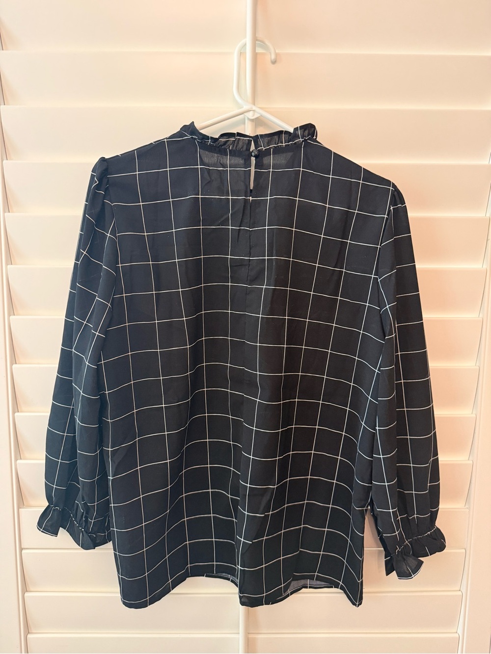 Amazon Black Windowpane Ruffle-Neck Long Sleeve Blouse - Picture 2 of 3